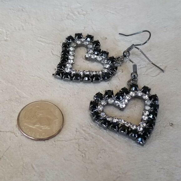 Open Heart Gunmetal Grey Black and Clear Austrian Crystal Dangle Earrings - Picture 6 of 6